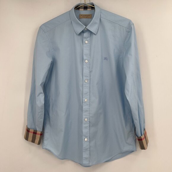 Burberry Men’s Luxury Light Blue Button-Up Shirt with Check Cuffs Size M - Picture 1 of 12